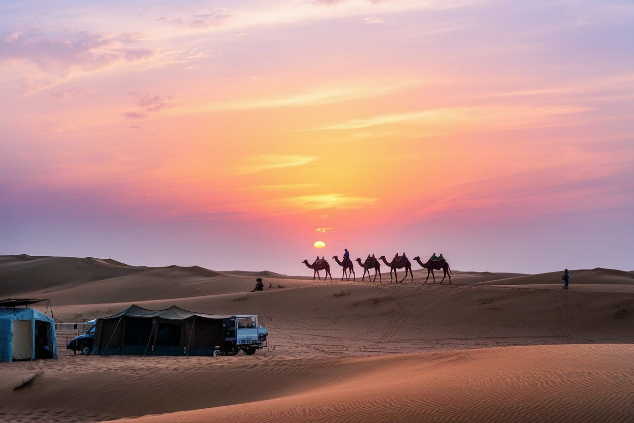 A stunning sunset casts vibrant colors over golden dunes in Abu Dhabi, with a silhouette of a camel caravan crossing the sand.